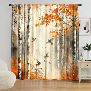 2 pieces, autumn forest print curtains - birch and fallen leaf design - translucent privacy curtains - suitable for living room, bedroom study autumn home decoration, pole bag window decoration - suitable for Thanksgiving Christmas decoration.