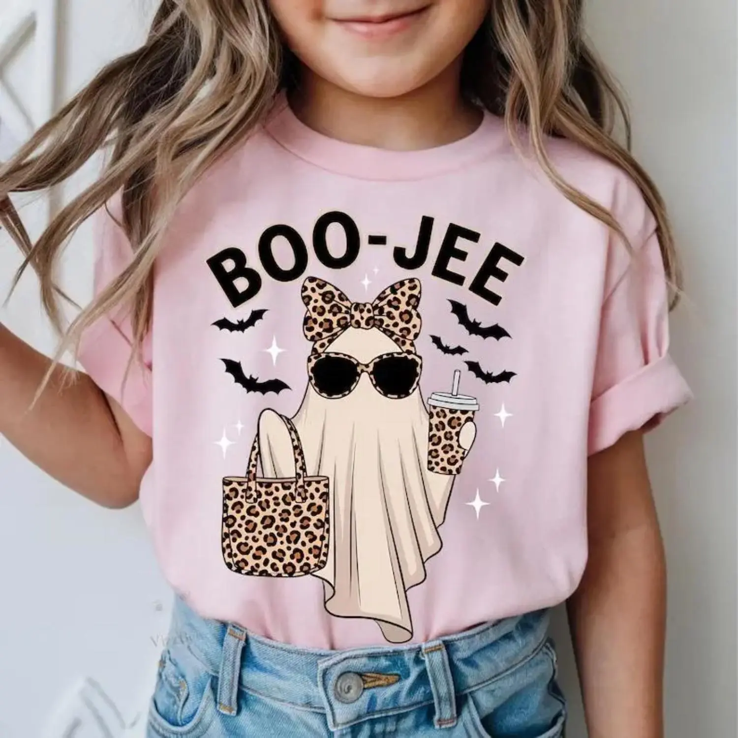 Boo Jee Ghost Halloween Youth/Adult Shirt – Cute Leopard Print Spooky T-Shirt for Women and Youth