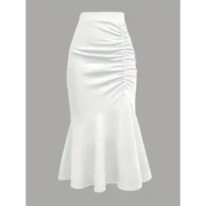 [Everyday Comfort] Elegant High-Waist Pleated Mermaid Midi Skirt for Women - White, Stretchy Polyester Blend, Ruched Side Detail, Machine Washable, All-Season Wear, Versatile Wear | Design Drape Fabric Fit Womenswear Bottom