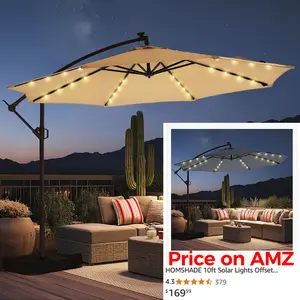 [10ft] Solar Lights Offset Cantilever Patio Umbrella - w/Light and Base, LED Lighted Offset Hanging Patio Outdoor Market Umbrella UPF50+ UV Protection with Easy Tilt and Crank Adjustable Tilt Canopy Adjustable Shade