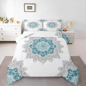 Feelyou Boho Microfiber Quilted Comforter Duvet Set - Chic Floral, Aesthetic Mandala, Paisley Designs, Teal-White Turquoise Bedroom Bedding Set, Microfiber Bedding Set
