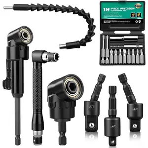 19 Pcs Flexible Drill Bit Extension Kit, Includes 2 Pcs 105°   Right Angle Drill Attachment, 3 Pcs Rotatable Socket Adapter, 10+2 Pcs Screwdriver Bits & Bendable Extension for Tight Spaces
