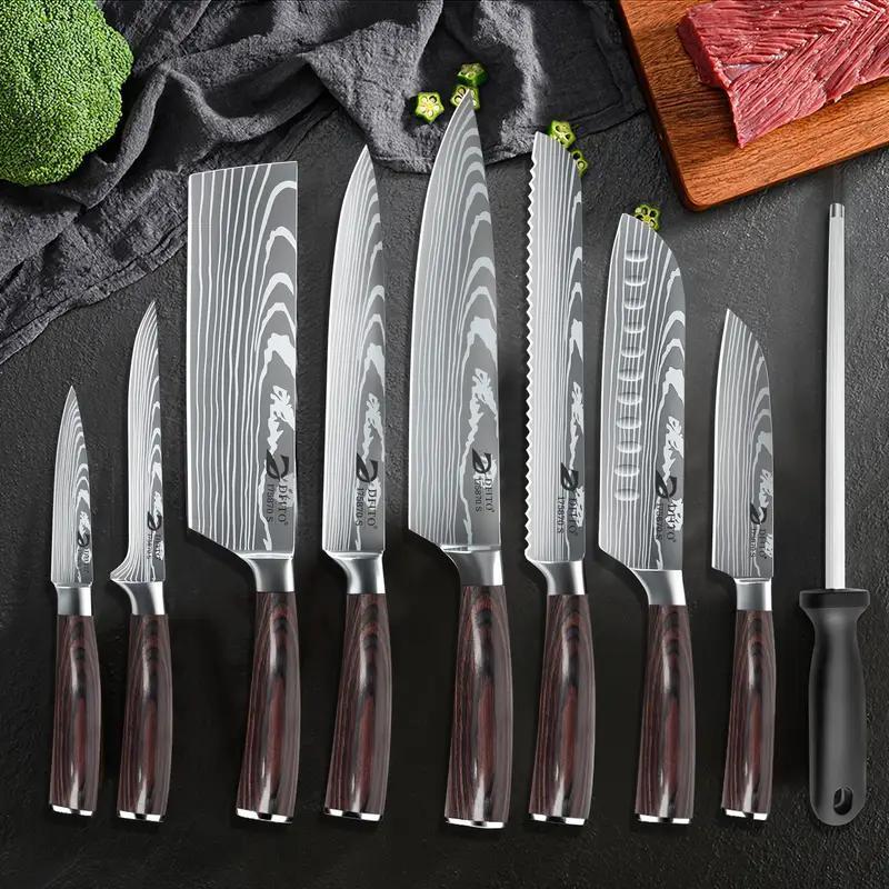 Professional 8pcs Kitchen Knives Set, Chef, Butcher, Cleaver, Slicer, Boning, Utility Knife Stainless Steel Ultra Sharp with Ergonomic Wood Handle Forged Cooking Chef Knife Set for Home Kitchen Restaurant Vegetable, Meat, Fruit