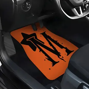 4pcs Floor Mats with Black Lettering on Orange Background, Suitable for All Models, Material, Decoration, Stylish and Durable, Easy to Clean, Non Skid Mats - Perfect Gift for Thanksgiving, Halloween, Christmas, Holidays, Parties, or Family Gatherings