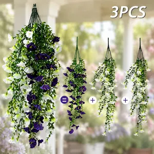 3PCS Purple White Morning Glory Hanging Vines, Outdoor UV Resistant Decorative Faux Flowers, Realistic Plastic Artificial Hanging Plants, No Maintenance Porch Patio Garden Courtyard Wedding Home Decor Decoration