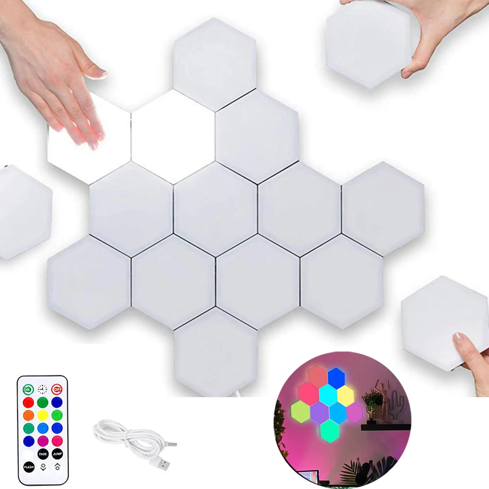 Hexagonal Smart Remote Control LED Wall Lights - Touch-Sensitive, DIY Modular Splicing, Computer-Controllable, Colorful Slow-Change Flashing Lights with Crystals for Home Decor, Room Decor, Crystal Centerpiece Decorative Lights