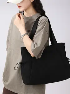 2026 New Large Capacity Nylon Tote Bag, Casual Sporty Style, Waterproof Side Pouch, Adjustable Drawstring, Lightweight Durable Shoulder Bag