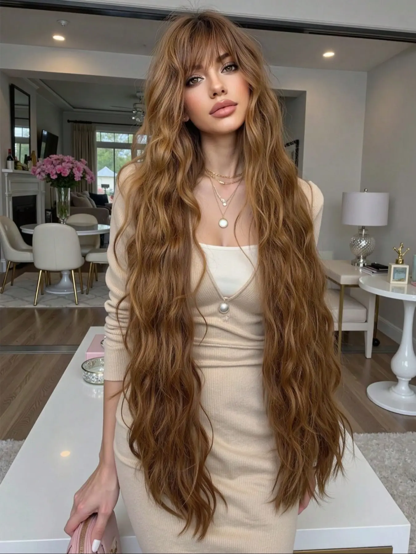 45-Inch Long Wavy Wig with Bangs Full Headpiece, Synthetic Material Wigs, Natural Curly Hair, Perfect for Cosplay and Events, Stylish and Comfortable