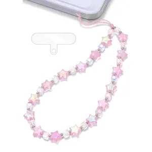 Pink Star Phone Charm Wrist Strap, Beaded Lanyard Wristlet Chain, Anti-Theft & Hands-Free Bracelet Strap for iPhone & More Cases