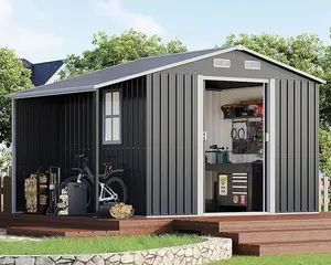 【Ships in Multiple Boxes】AMERLIFE Outdoor Storage Shed with Doors and Windows, Open Outdoor Shed for Wood Storage, Dark Grey/White