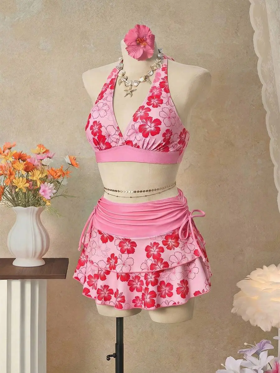 26SS Orange Halter Neck Triangle Bikini Top With Matching Skirt 3 Pieces Set, Beach/Resort Wear