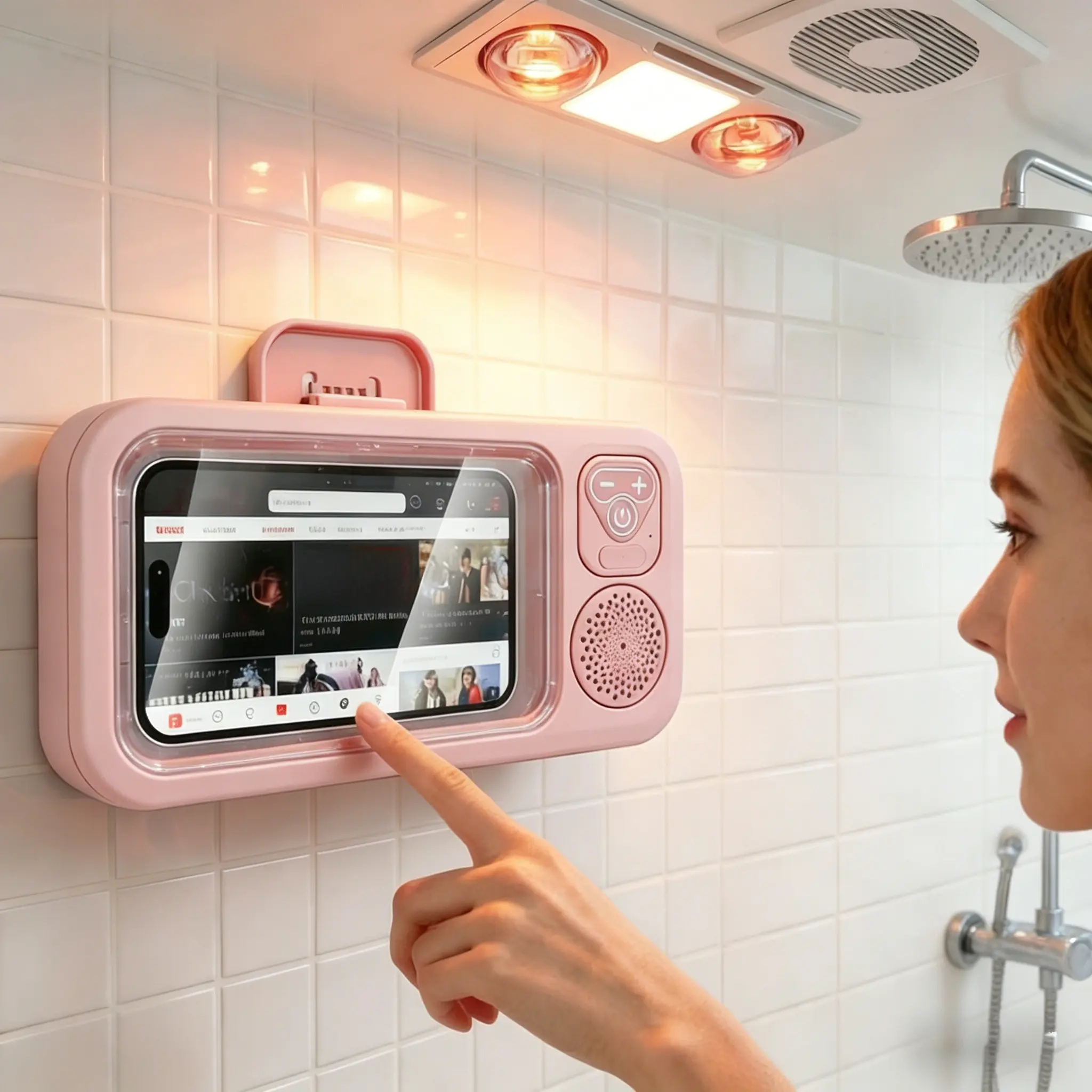 Waterproof Mobile Phone Holder for Bathroom - 360° Rotation, Angle Adjustable, Hi-Res Audio, Retractable, Wall-Mounted, Fits Up to 7in, Mobile Phone Accessories, 1-Year Warranty (Pink)