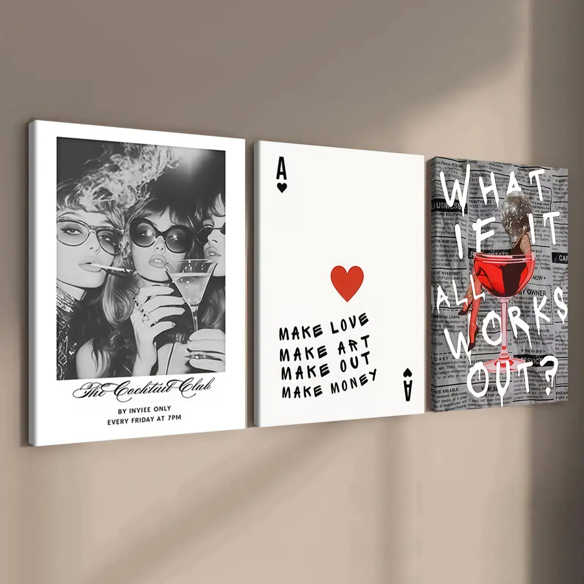 3-count wooden frame canvas, retro sweet and cool style three-piece decorative poster, Creative Design Print, living room and bedroom decoration, Modern Home Decor, corridor wall art, waterproof, art, Framed Home Decor