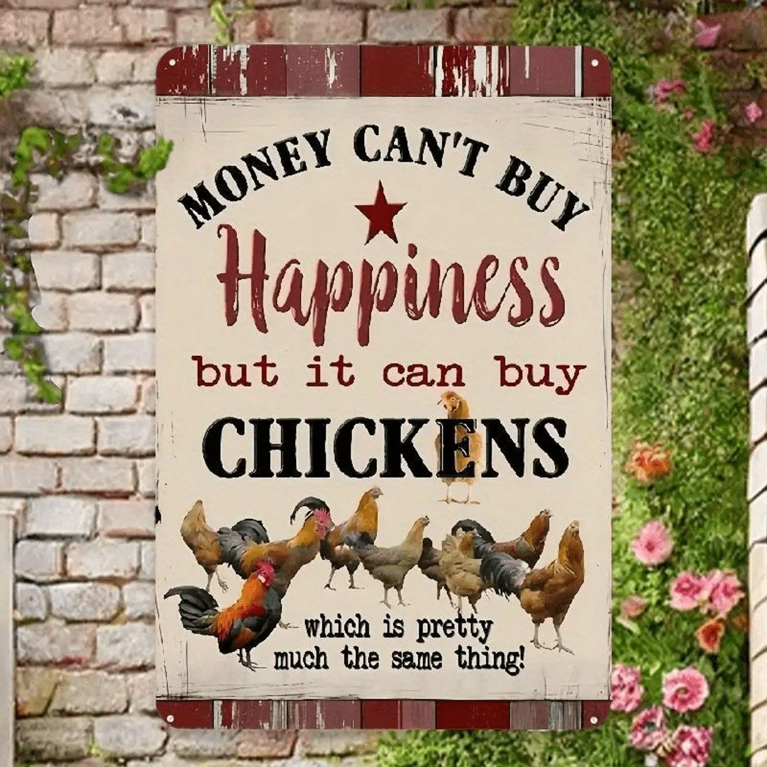 1pc Funny Chicken Welcome Metal Sign with Humorous "Money Can't Buy Happiness But Chickens" Quote - Colorful Chicken Design, 12x8 Inch Rustic Tinplate Wall Art for Indoor/Outdoor Home, Garden, Kitchen & Bar Decor, Indoor Signage, Playful Design