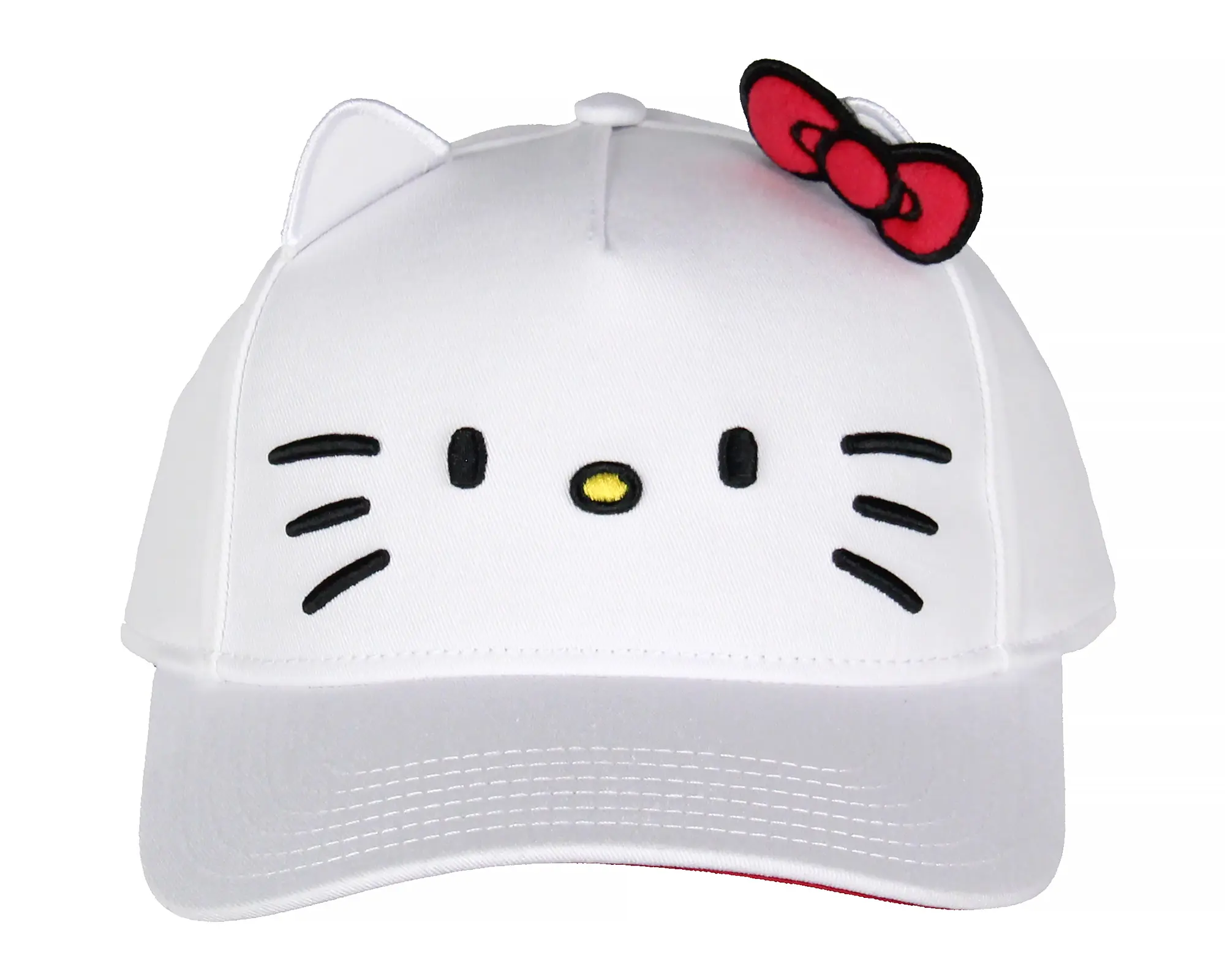 Sanrio Hello Kitty Fashion Snapback Hat - Embroidery Hat with Embroidered Face, Whiskers, 3D Ears, Red Bow, Adjustable OSFM Size for Adult Men and Women (Casual Outfits Cap)