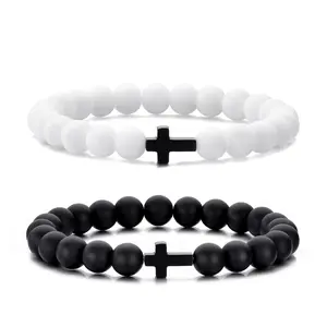 2Pcs Retro Natural Stone Beaded Bracelet Men Cross 8mm White & Black Bead Bracelets Vintage Unisex Handmade Beaded Couple Chain Gift Set