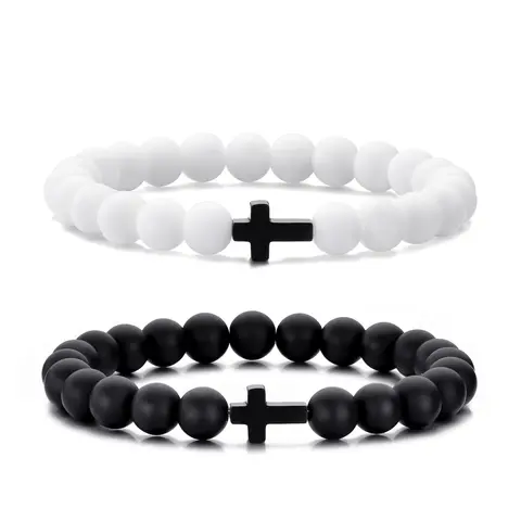 2Pcs Retro Natural Stone Beaded Bracelet Men Cross 8mm White & Black Bead Bracelets Vintage Unisex Handmade Beaded Couple Chain Gift Set