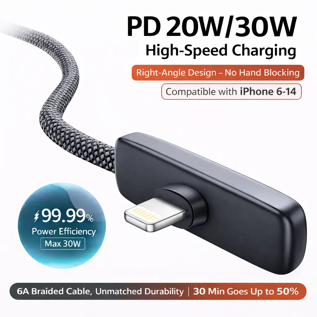 USB-C to Lightning Right Angle PD Charger Cable, 20W-30W Power Delivery Braided Charging Cord for iPhone 12-15 Series, Durable Fabric, Reinforced Connector, Anti-Bending for Smartphone/Cellphone/Mobile Gaming & Daily Charging, Electronic