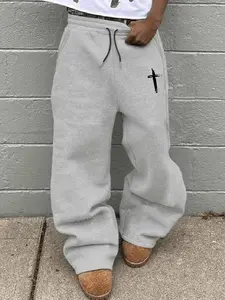 Gray Baggy Sweatpants with Cross Print- Super Comfy Casual Street Trousers for Spiritual Style Fans! Made of soft fabric, these loose - fit sweatpants have a cool black cross design. Perfect for daily wear, lounging, or adding a touch of unique spiritual
