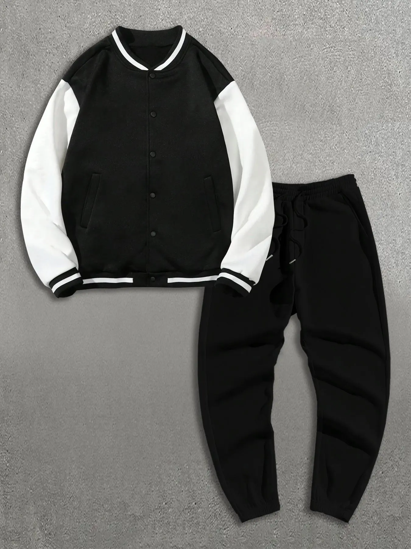 Boy's Contrast Binding Button Front Varsity Jacket & Drawstring  Sweatpants Two-piece Set, Casual Street Pocket Long Sleeve Outerwear & Jogger Pants for Daily Wear, Kids Fall & Winter Clothes