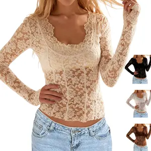SCUSTY Women's Floral Lace Top V-Neck Long Sleeve Lace Blouse Sexy See Through Layering Top Shirts