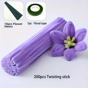 211 Pieces Handmade Materials Dense Twist Ties, Multi-color, Including 200 Tube Cleaners, 10 Flower Stems, 1 Roll Floral Tape, for Handcrafting, Diy Floral Decoration, Chenille Flower Stems, Diy Material, Diy Flower Decor