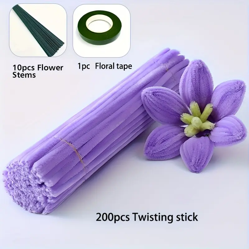 211 Pieces Handmade Materials Dense Twist Ties, Multi-color, Including 200 Tube Cleaners, 10 Flower Stems, 1 Roll Floral Tape, for Handcrafting, Diy Floral Decoration, Chenille Flower Stems, Diy Material, Diy Flower Decor