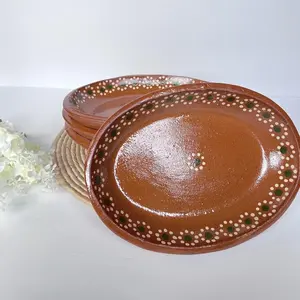 Made in Mexico 11x8 Mexican Grande Dinner or Salad Clay Barro Ovalado Oval Plates Set of 4
