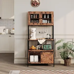 Industrial Kitchen Bakers Rack with 5-Tier Storage – Microwave Stand, Power Outlet, Cabinets & Open Shelves – Farmhouse Coffee Bar Utility Shelf for Dining Room or Living Room