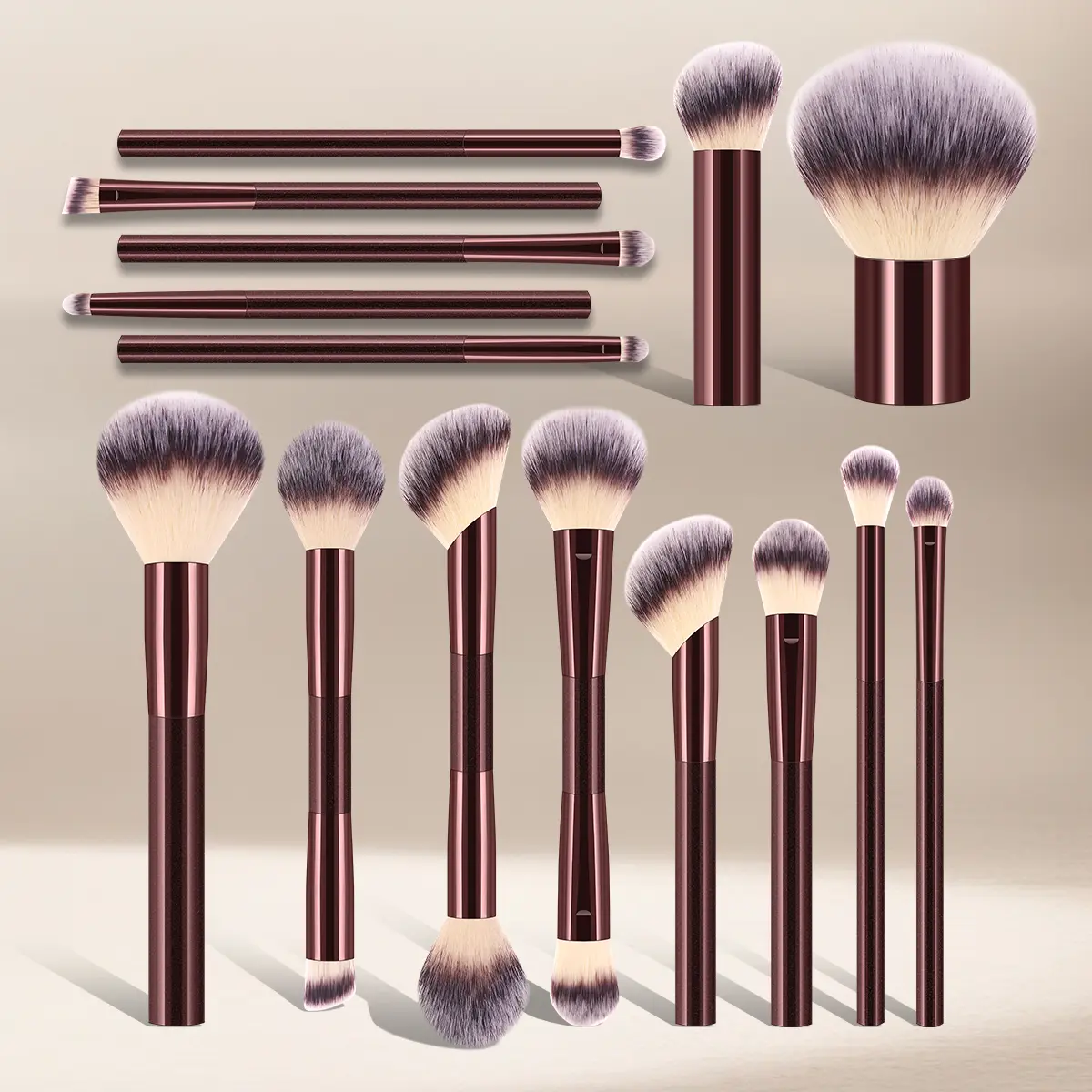 15Pcs Dark Brown Makeup Brushes Set, Multifunctional Double End Face & Eye Cosmetic Brushes, Soft Gradient Bristles for Powder Blush Foundation Eyeshadow Concealer, Professional Makeup Brush Kit for Beginners
