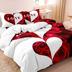 Heart Rose Letter Flower Modern Bedding Set, 2/3 Piece (1 Fitted Sheet + 1/2 Pillowcases), 90g Polyester Fiber, Ca Prop 65 Compliant