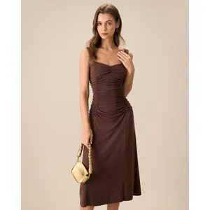 Women's Coffee Ruched Knitted Slip Midi Dress