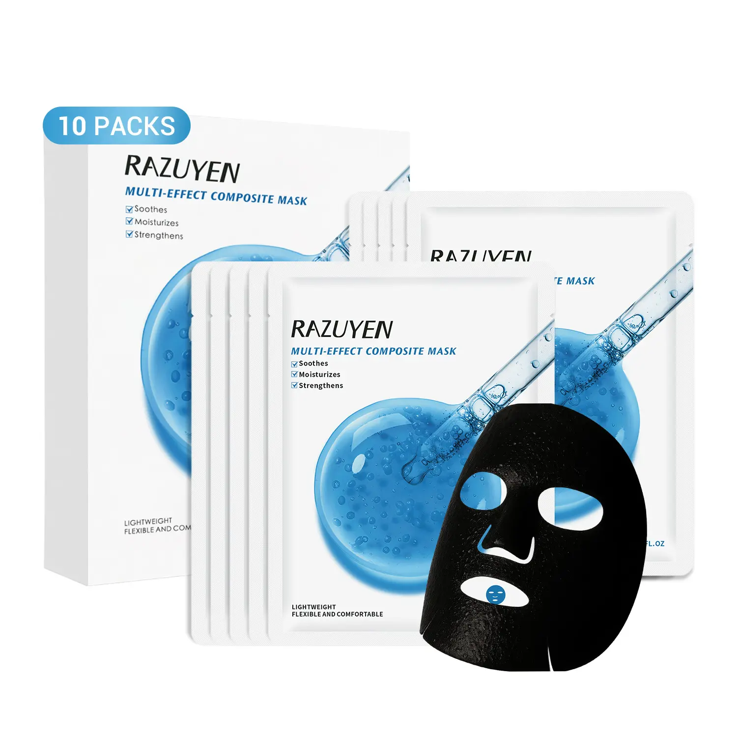 RAZUYEN Soothing Face Sheet Mask (10 Sheets), Anti-Aging, Detoxifying & Moisturizing Face Mask for Sensitive Skin with Centella Asiatica, Vitamin B5, Glass Skin Face Mask for after Microneedling
