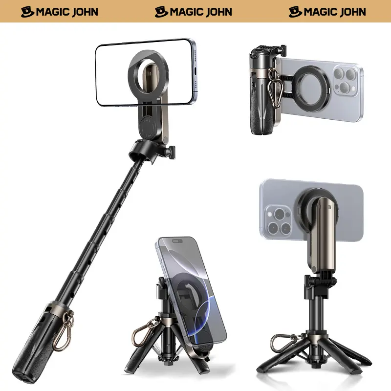 MAGIC JOHN 4-in-1 Handheld Monopod Selfie Stick Mount - 360° Rotatable, Lightweight, Compact, Stylish, Wireless Bluetooth Remote, Magnetic Holder, Secondary (Rechargeable), Smartphone Compatible, DSLR Storage Ready, Portable Vlogging Accessory