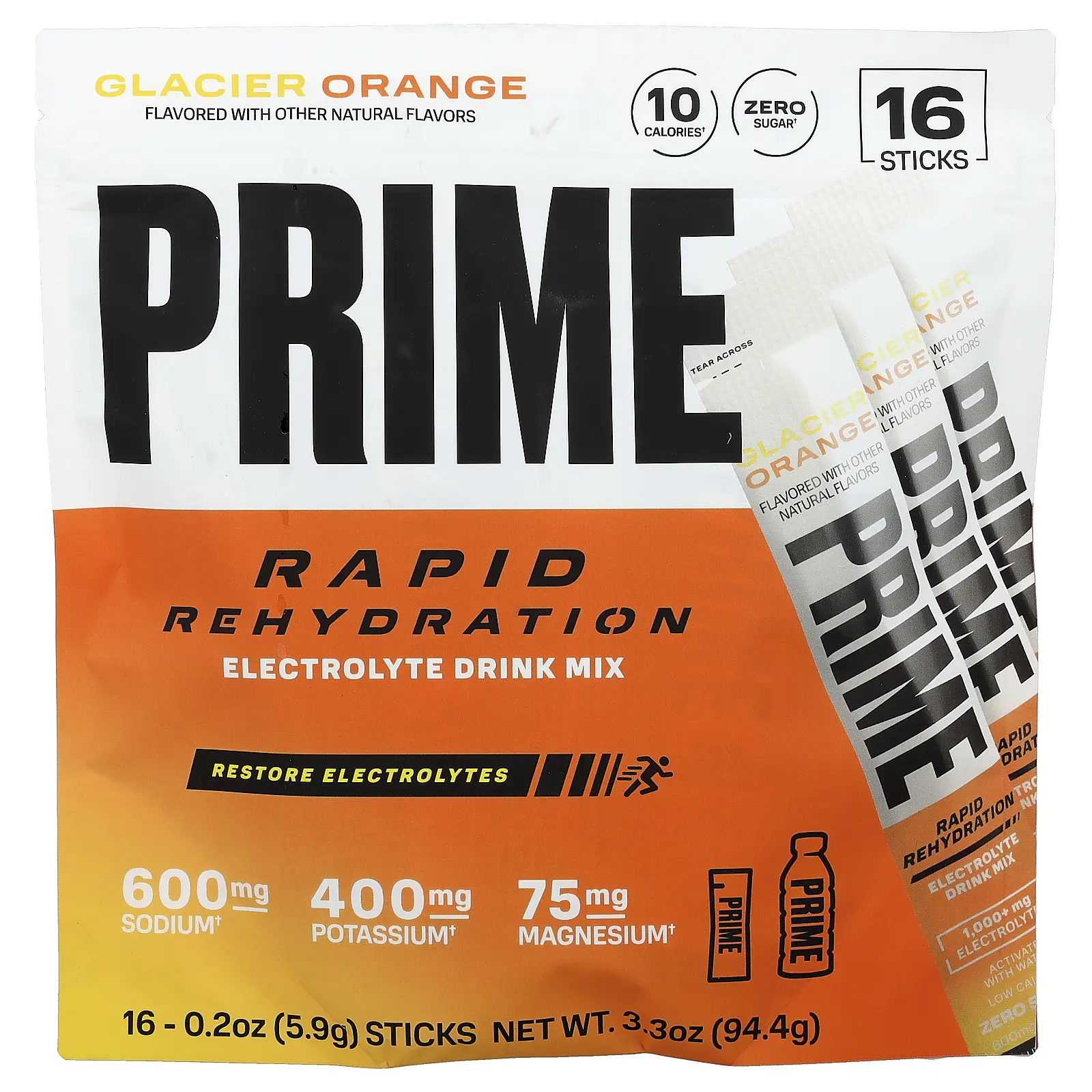 Prime Hydration Rapid Rehydration, Electrolyte Drink Mix, Glacier Orange, 16 Sticks, 0.2 oz (5.9 g) Each