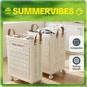 15.8/20 Gallon Large Capacity Collapsible Laundry Basket with Wheels Uncovered Faux Leather Solid Color Multi-functional Portable for Bathroom Balcony Storage,summervibes summerwins