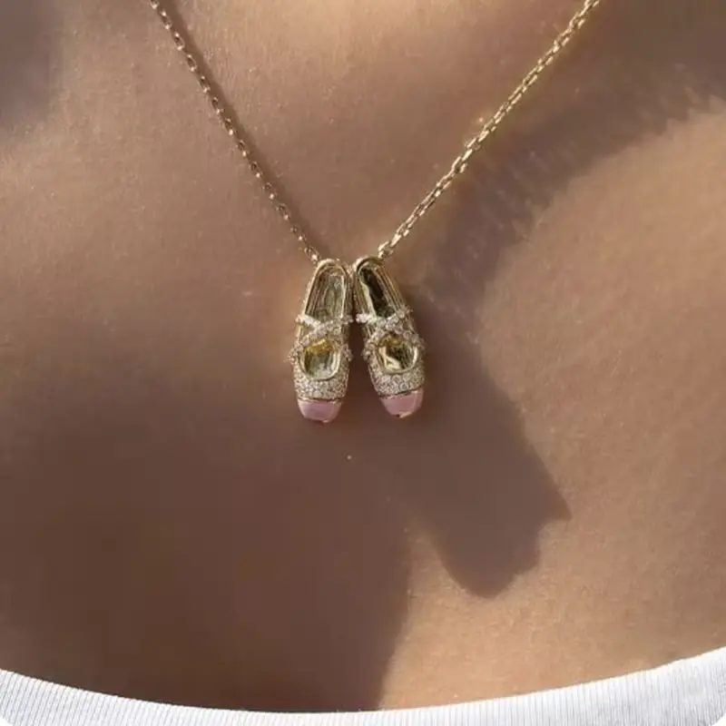 Dainty CZ Pink Enamel Ballet Shoe Pendant Necklace 18K PVD Gold Plated Paperclip Link Chain Adjustable 45+5cm Hypoallergenic Low Sensitivity Waterproof Non Tarnish Coquette Aesthetic Minimalist Layering Women Jewelry Gift For Dance Lovers