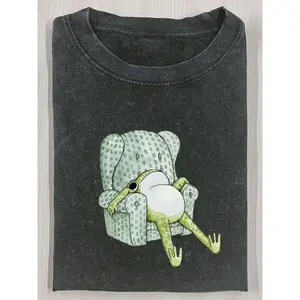 Vintage Frog Graphic Tee:  Cotton Retro T-Shirt with Wax Printed Sofa Frog Design