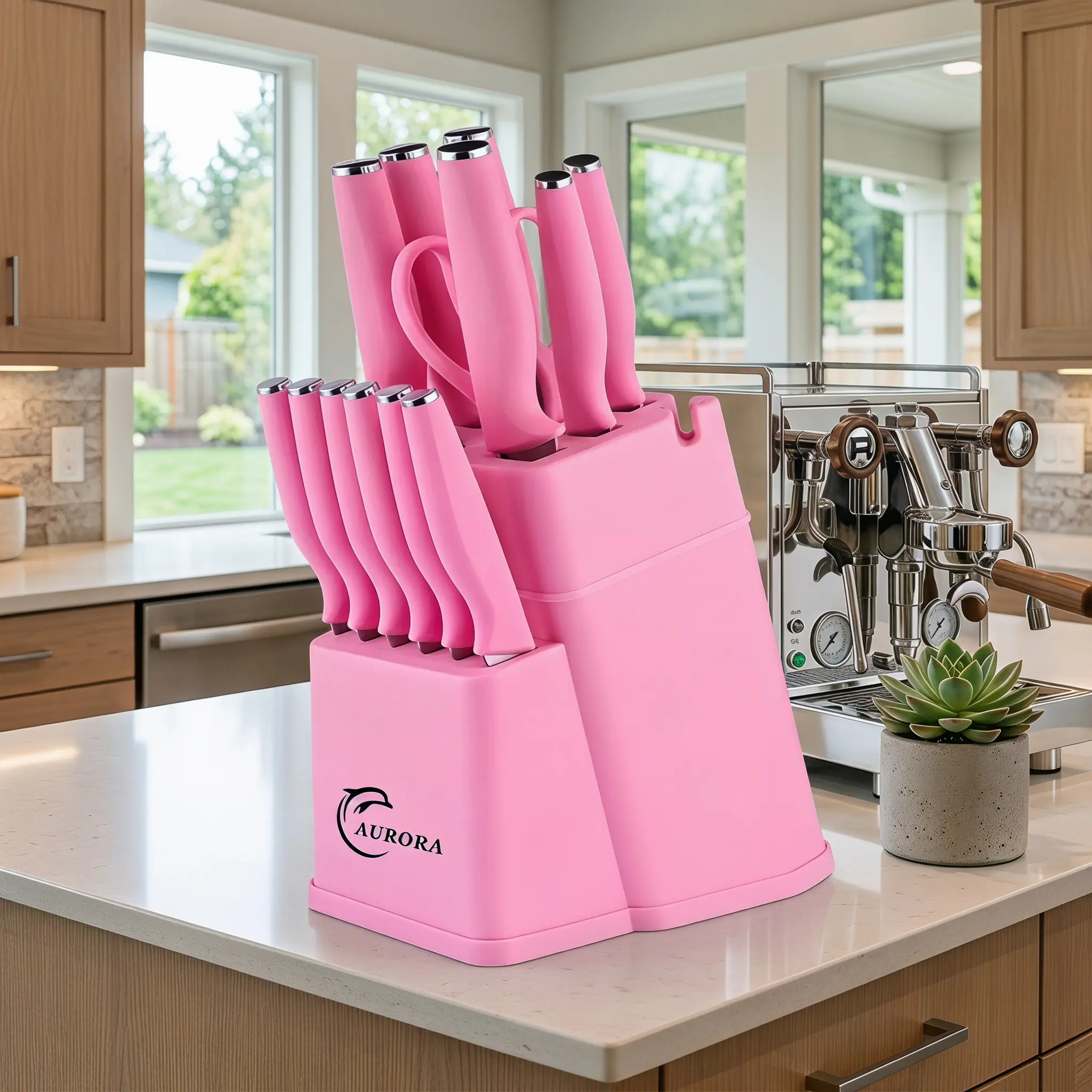 XBJ Premium 15-Piece Stainless Steel KitchenKnife Set with Built-in Sharpener |includes ChefKnife, Japanese Knife, Meat Cleaver, Bread KnifeSteak Knives & Scissors|Washable, PlasticHandles | Perfect Gift Set,Pink  Stainless steel cutlery set Kitchenware