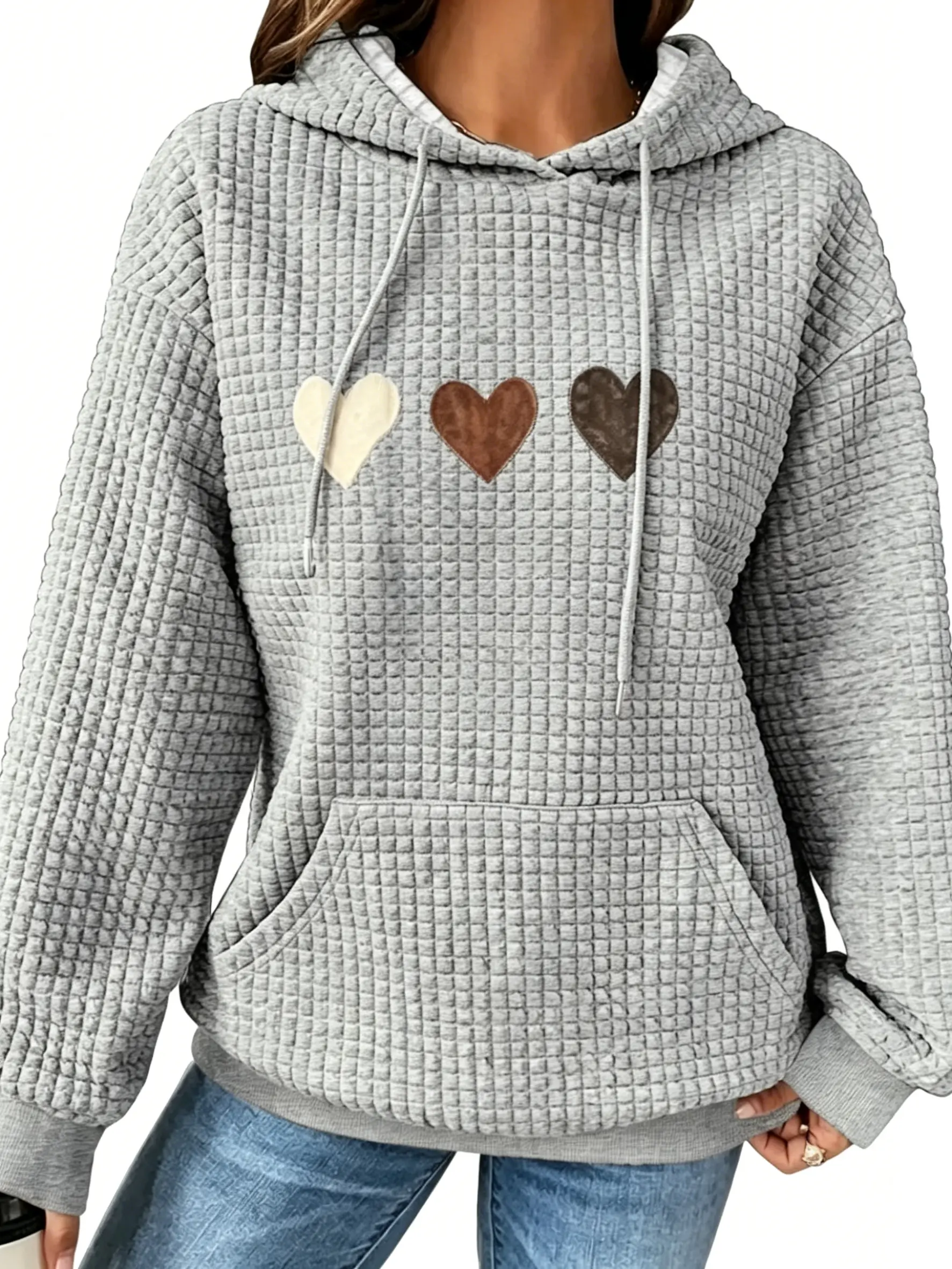 Women's clothing Heart & Patchwork Print Pullover, Casual Wear with Drawstring Hood & Relaxed Fit, Machine Washable, Waffle Fabric Women's Fashion Hoodie,Sweatshirt for Women,Fall Clothing for Women