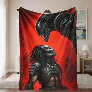 Alien Warrior and Predator Battle Flannel Blanket Sci Fi Art Print Design Soft Warm Lightweight Durable Cozy Home Decor Throw Perfect for Bedroom Living Room Sofa Office Gift Movie Night tiktokshopspringglowup