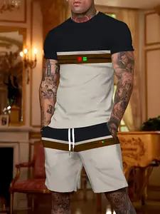 Men's Casual Polyester Set - Crewneck T-Shirt & Shorts, Striped Contrast Print, Micro Stretch Knit, Regular Fit, Drawstring & Pockets, Summer Fashion Suits Gamis