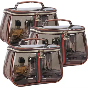 New Retro Vintage Vanity Bag, Capacity Makeup Organizer for Women, Ladies Travle Storage Case, Transparent Toiletry Bag, Portable Skincare Storage Case (Brown)-Does not include any accessories
