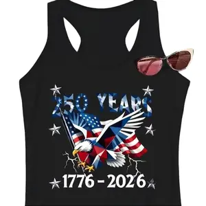 Women's 250 Years 1776-2026 American Eagle Tank Top - Black Racerback, Stretchy Breathable Fabric, Geometric USA Flag Graphic, Everyday Patriotic 4th of July Independence Day Sleeveless Casual Vest,summerwins,summeroutfits,vacationoutfits,beachoutfits