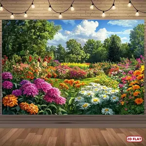 1pc 2D Flat, Garden Theme Backdrop with Colorful Flowers, Lush Greenery & Vibrant Landscape - Durable Polyester Fabric, No Electricity Needed for Stunning Photography, Birthday Parties, Baptisms
