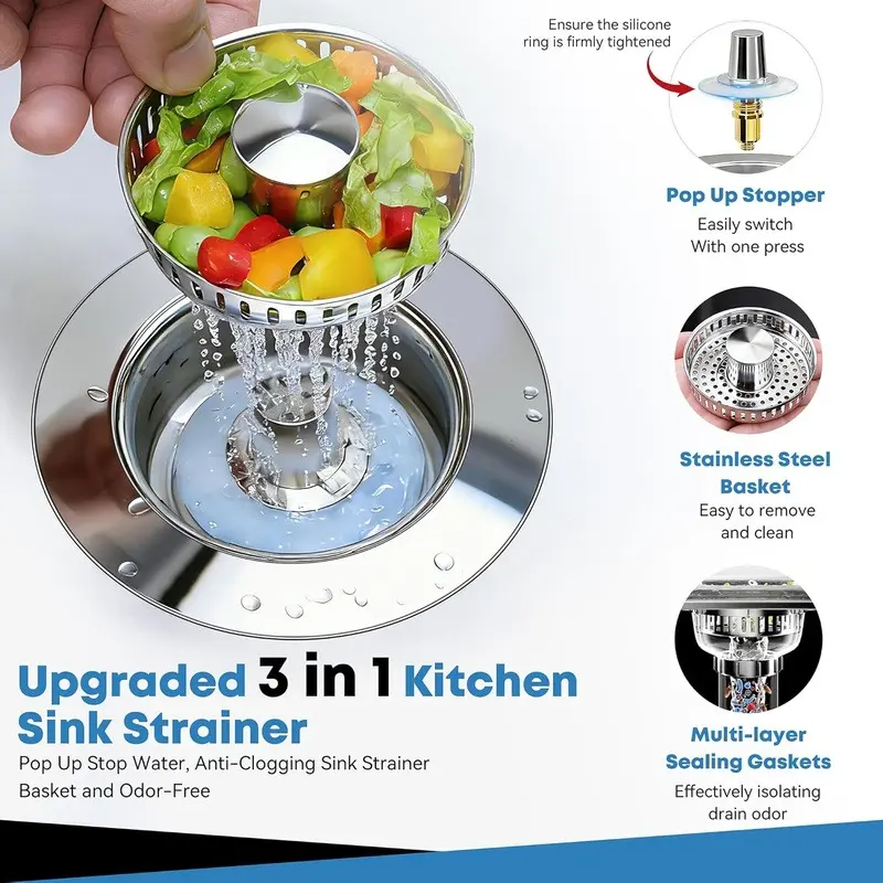 Upgraded 3 in 1 Kitchen Sink Drain Strainer - Stainless Steel Sink Stopper, Anti-Clogging Sink Food Catcher Basket, Fast Drainage Odor Filter Sink Plug for US Standard 3 1/2 inch Drain (Silver-2Pack) sus304