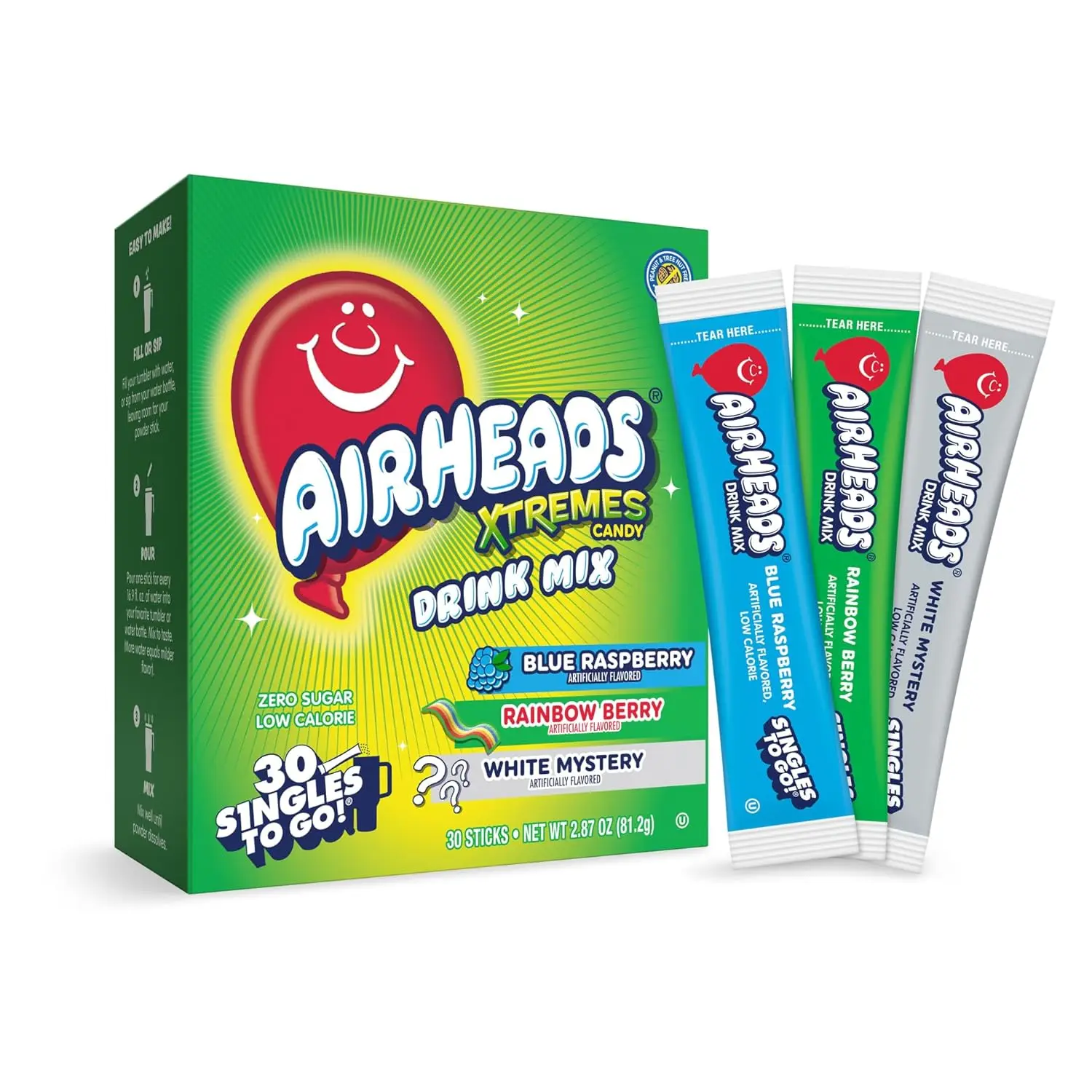 Airheads Xtreme Singles To Go! Beverage Drink Mix Variety Pack, 30ct, 0 Sugar, Low Calorie, Sweet & Sour Powder Packets, Blue Raspberry, Rainbow Berry, White Mystery Flavors
