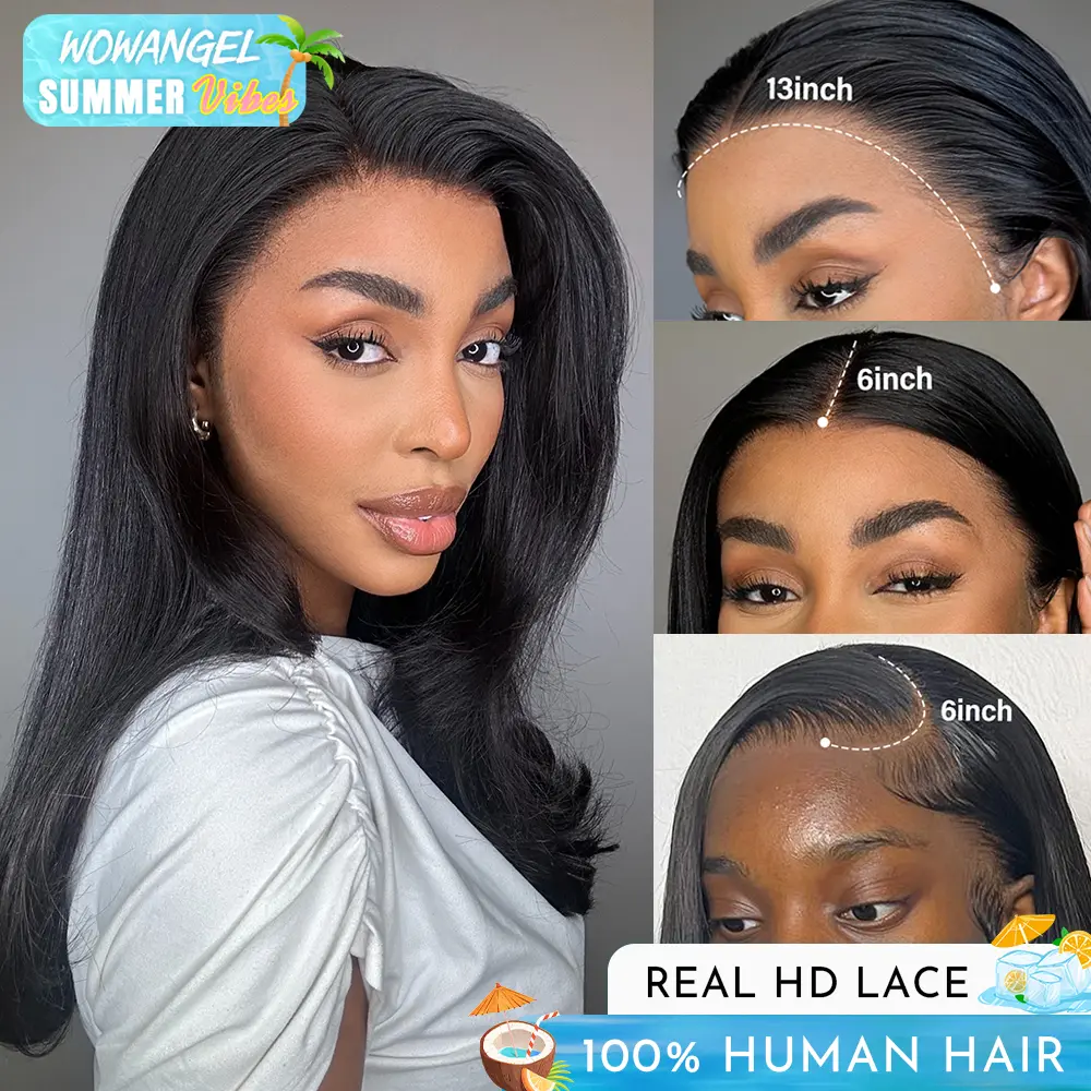 WOWANGEL Real Human Hair  13x6 Real HD Lace Front Wigs Lace Glueless 13x6 Full Frontal Wig Straight Texture 180% 250% Density Black Wig Pre-Plucked Hairline