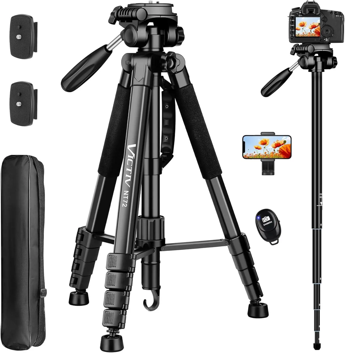 Tripod for Camera, 72" Tall Camera Tripod Monopod with Remote, Professional Heavy Duty Compact Camera Stand for Phone,Dslr, Spotting Scope, Telescope, Binocular Victiv