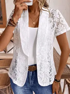 Summer Women's Fashion Lace Elegant Short Sleeve Blazer Jacket, Lady, Casual Plaid Outerwear, Fitted Fall Clothing, Top Full Placket Design Womenswear